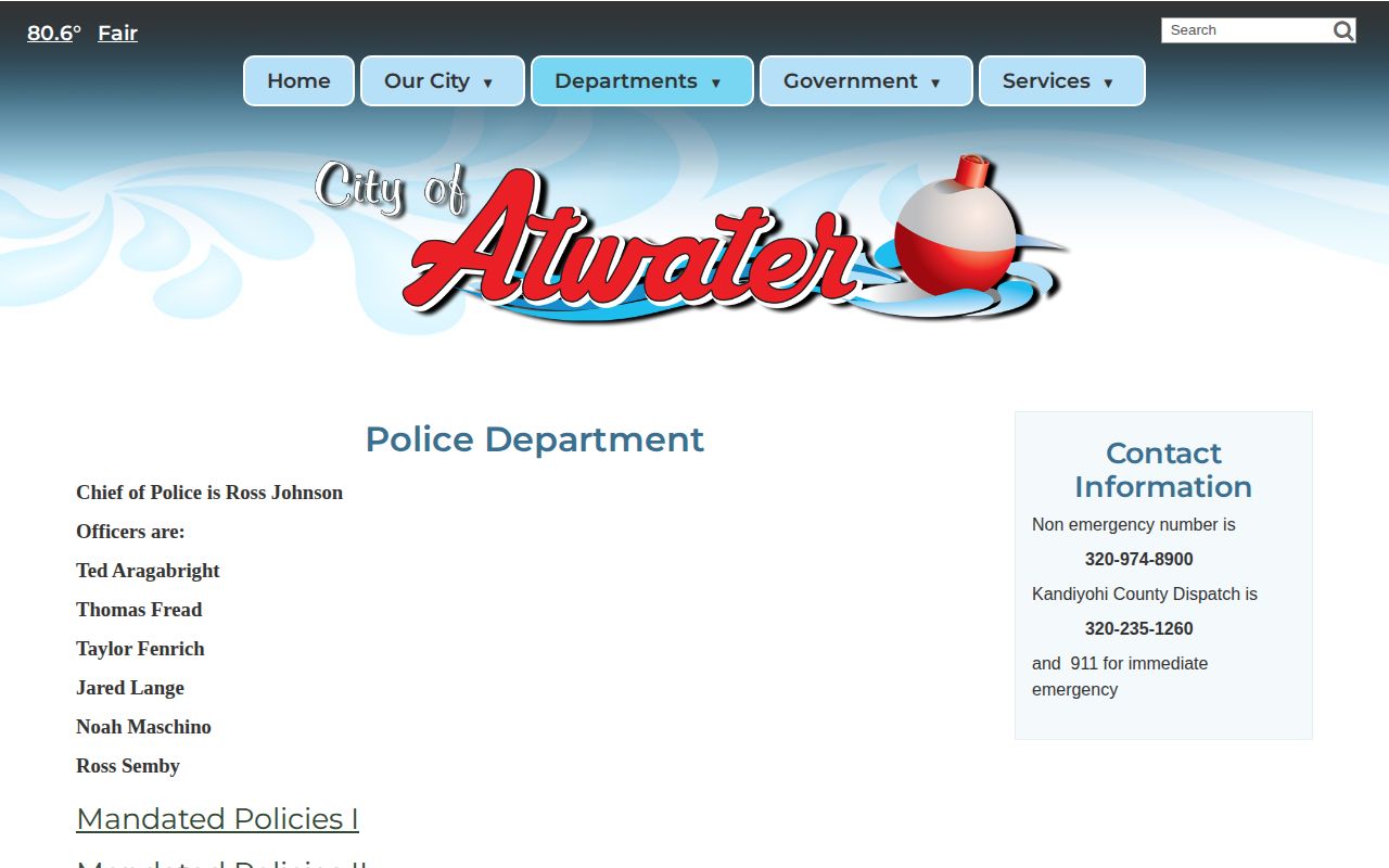 Kandiyohi County Atwater Police Department booking-record contact source